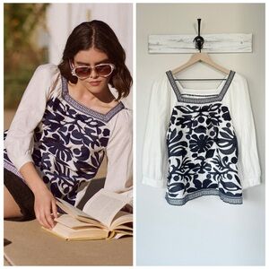 ANTHROPOLOGIE 14 MAEVE Liyah Embroidered Blouse L XL • Peasant Square Neck Top